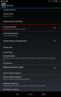 Nexus 7 Face Unlock, Require Blinks